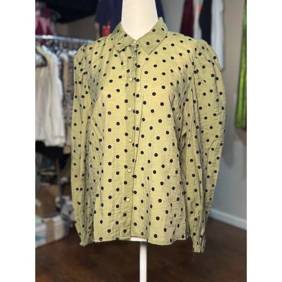 Stradivarius Womens L Green Black Polka Dot Long Puff Sleeve Blouse Button Down - Picture 4 of 8